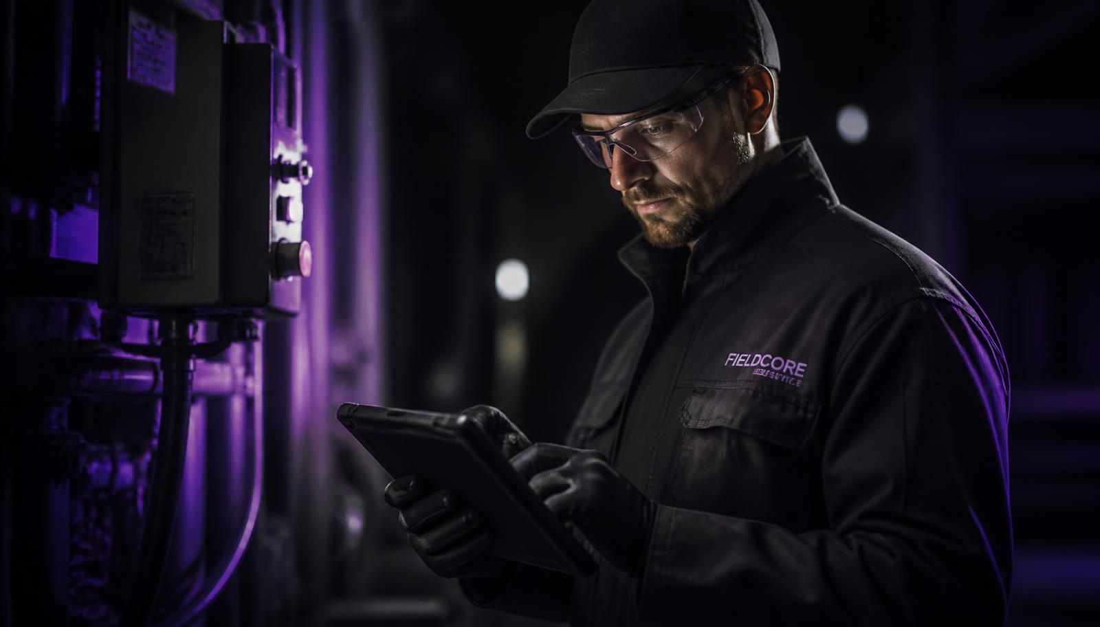 Technik serwisu korzystający z tabletu przy urządzeniu przemysłowym